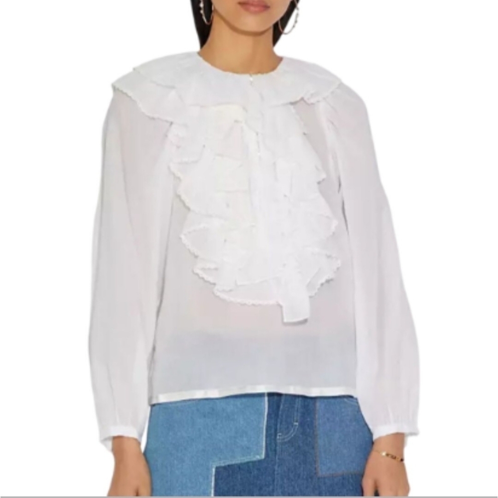 Coach 1941 White Peasant Blouse Stunning Ruffles Gold Logo Buttons Linen Size 8